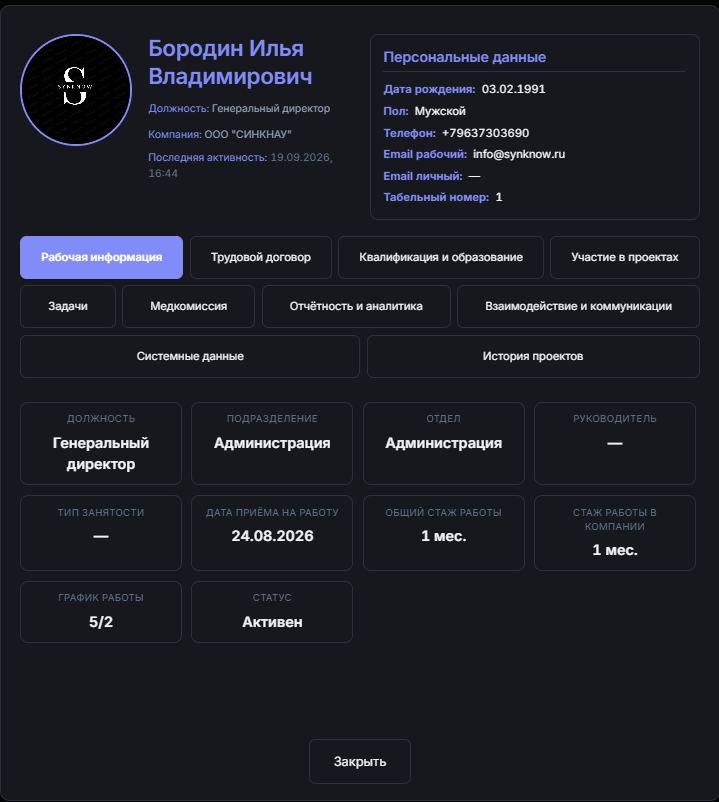 Карточка сотрудника в SynkNow — данные, должность, отдел